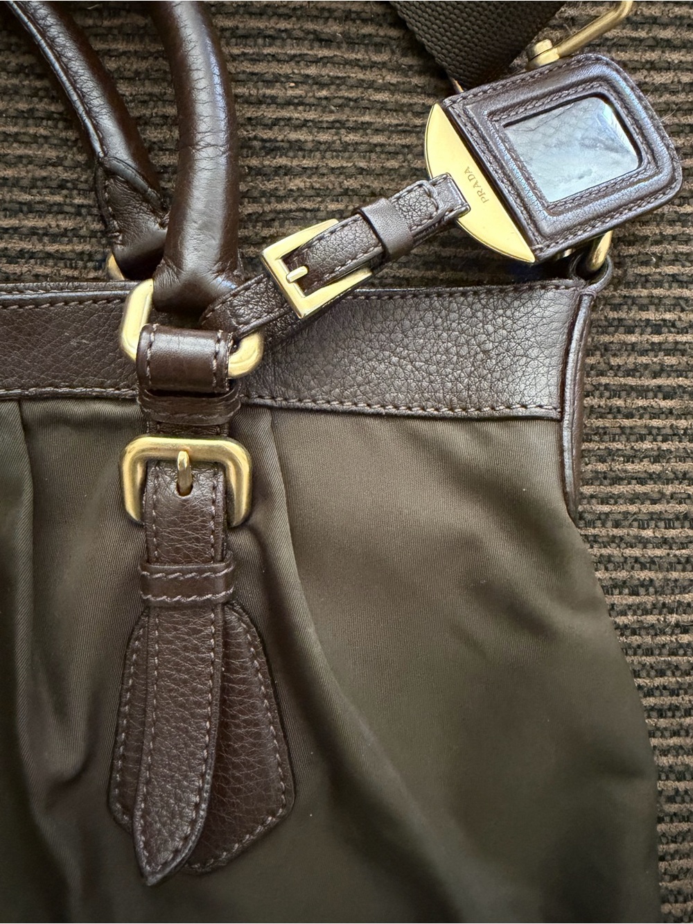 Vintage Dark Olive-Brown Prada Cervo-Trimmed Tessuto Handle Bag - Picture 5 of 15